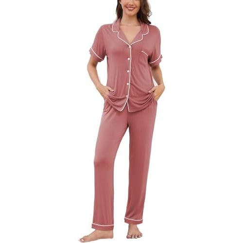 Womens Pajama Set Soft Pjs Short Sleeve Sleepwear with Long Pants 2 Piece Lounge Sets S-XXL