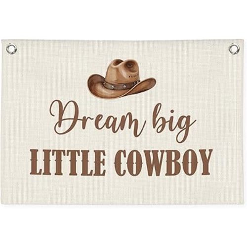 Western Cowboy Nursery Decor Wall Art,Dream Big Little Cowboy Linen Banner Print,Western Wall Decor Hanging Banner Flag for Kids Boys Toddler Nursery Bedroom Playroom 30x20 Inch