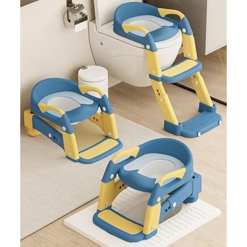 3-in-1 Toddler Potty Training Toilet Seat with Foldable Ladder – Adjustable Toddler Toilet Seat for Boys & Girls with Soft Cushion, Ergonomic Backrest, Non-Slip Pedal and Safety Grips (Blue & Yellow)