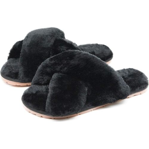 Crazy Lady Women's Fuzzy Fluffy House Slippers Cute Plush Memory Foam Shoes Cross Band Indoor Outdoor Open Toe Sandals