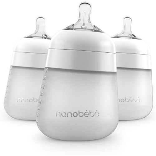 Nanobebe Flexy Silicone Baby Bottle, Anti-Colic, Natural Feel, Non-Collapsing Nipple, Non-Tip Stable Base, Easy to Clean, 3-Pack, White, 9oz