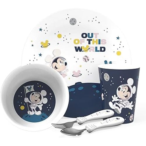 Zak Designs Disney Mickey Mouse Kids Dinnerware Set Includes Plate, Bowl, Tumbler and Utensil Tableware, Made of Non-BPA Durable Material and Perfect for Kids (5 Piece Set, Space, Non-BPA)