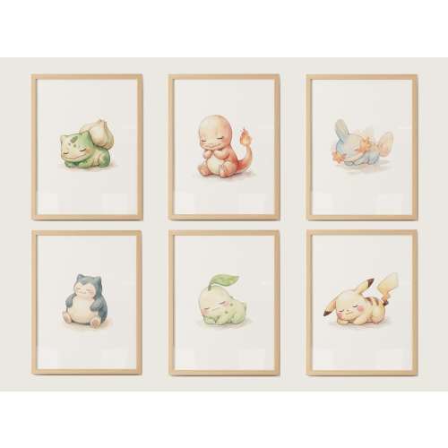 Baby Pokemon Sleeping Nursery Wall Art Set, 6 Cute Watercolor Prints, Digital Download For Baby Room And Kids Room