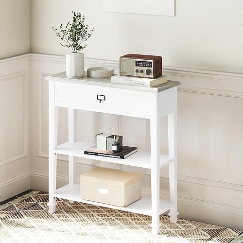 AIIT Kinlife White Console Table Drawer - 3-Tier Storage Shelf Hall Sofa Table Side Table Suitable for Hallway, Living Room, Entryway, Bedroom Side Table, White