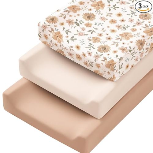 Konssy 3 Pack Stretchy Changing Pad Covers for Girl, Boy, Silky Soft Changing Table Cover, Breathable Baby Nursery Diaper Chang Pad Sheets (Flourish)