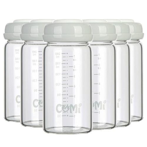 COMI Wide Neck Glass Breastmilk Collection n Storage Bottle, 8oz with Screw Ring Sealing Disk; Re-markable Sealing Disc. BPA Free, Fits Breast Pumps & Nipples (6 Gray Lids)