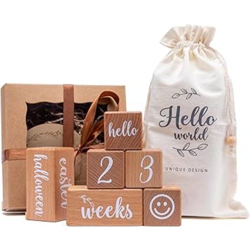 Monthly Baby Milestone Blocks Set of 6 Baby Age Blocks for Monthly Milestone Baby Age Milestone Signs Wooden Baby Photo Props Set Perfect for Baby Shower and Keepsake (Gift Set 6 PCS)