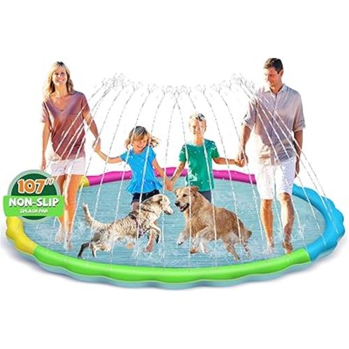 Splash Pad for Kids and Dogs, 107'' Extra Large Splash Pad for Toddlers 1-3 and Kids Ages 4-8, Non Slip Thicken Sprinkler Dog Pool Summer Outdoor Water Toys for Backyard