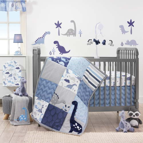 Free Shipping! Bedtime Originals Dinosaur Crib Bedding Set with Quilt Sheet Dust Ruffle Blue Gray White