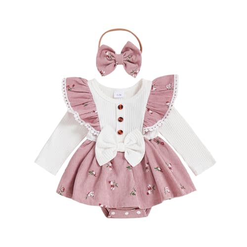 YINGISFITM Newborn Baby Girl Clothes Fall Winter Ruffle Long Sleeve Dress Romper and Headband Infant Cute Outfits