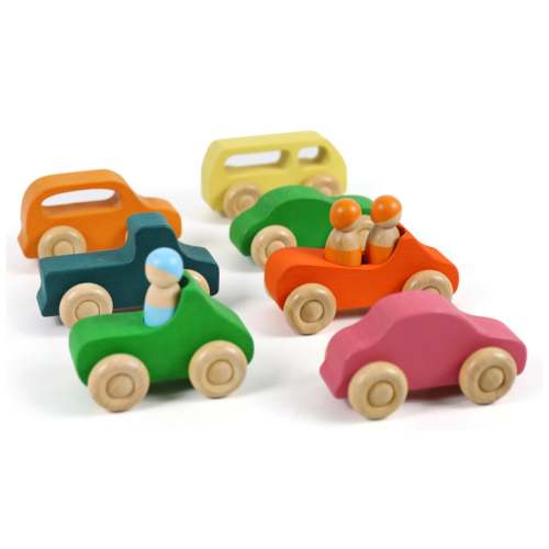7 Pcs Colored Wooden Rainbow Cars Set with 3 Peg Dolls
