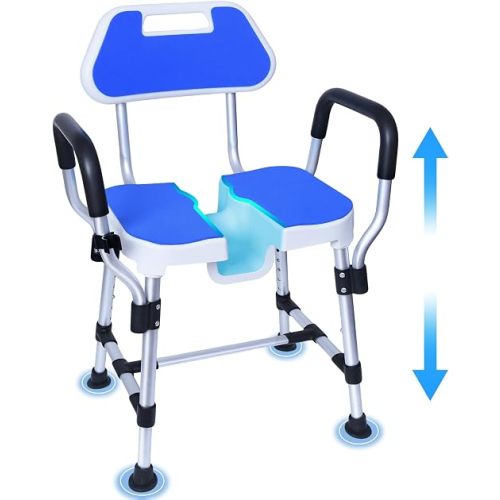 U-Shaped Shower Chair, 400 lbs Capacity, Adjustable Height Bath Seat, Blue