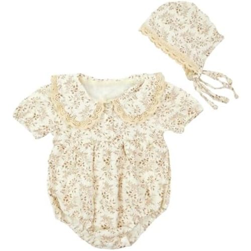 Baby Girl Floral Romper Lace Peter Pan Collar Bodysuit with Bonnet Newborn Cotton Jumpsuit One Piece Outfit