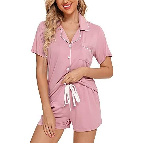 Anjue Womens Pajamas Set Short Sleeve Sleepwear Button Down Nightwear Shorts Soft Pj Sets S-XXL