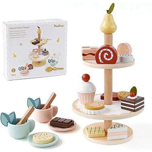 PairPear Tea Party Set Dessert Stand Playset -Wooden Toys Pretend Play Food Kitchen Accessories for Toddler Tea Set Birthday Gift