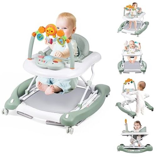 Baby Walker, 5-in-1 Baby Walkers for Boys and Girls 6-12 Months with Bouncer, Removable Footrest, Feeding Tray & Music, Foldable & Adjustable Activity Walker for 6-18 Months Toddler Infant