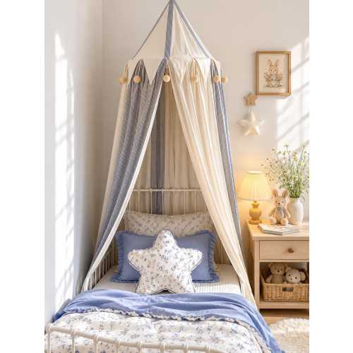 Vintage Kids Bed Canopy Tent | Blue Stripe Nursery Canopy | Toddler Room Decor | Scandinavian Baby Bed Crown | Playhouse Canopy