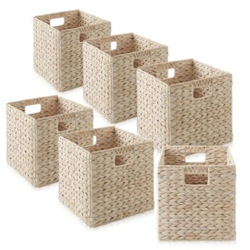 Casafield 10.5" x 10.5" Water Hyacinth Storage Baskets, Whitewash - Set of 6 Collapsible Cubes, Woven Bin Organizers for Bathroom, Bedroom, Laundry