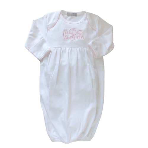 Girls White Take Home Layette Gown Pink Trim - Hiccups Children's Boutique
