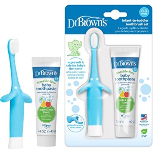Dr. Brown's Infant-to-Toddler Training Toothbrush Set with Pear & Apple Fluoride-Free Toothpaste 1.4 oz, Soft for Baby's First Teeth, Blue Elephant, BPA Free, 0-3 Years