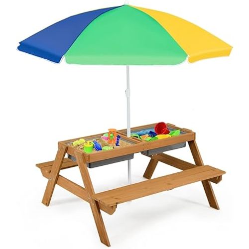 HONEY JOY Kids Picnic Table, 4 in 1 Cedar Wooden Sand & Water Table w/ 2 Removable Box & Umbrella, Kids Picnic Tables for Outdoors Backyard Garden, Toddler Patio Furniture Set for Boys Girls(Colorful)