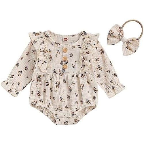Baby Girl Cotton Linen Romper Ruffle Long Sleeve Bodysuit Newborn Infant Onesie Playsuit + Headband Fall Clothes
