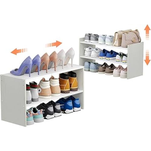 X-cosrack 2 Pack 2-Tier Shoe Rack Organizer for Closet, Expandable and Adjustable White Shoe Rack, Stackable Iron Wood Combination Shoe Storage Shelves for Closets, Entryway, Small Space, Garage