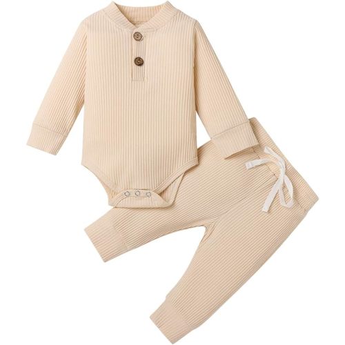 Newborn Baby Boy Girl Clothes Ribbed Knitted Cotton Long Sleeve Romper Long Pants Solid Color Fall Winter Outfits