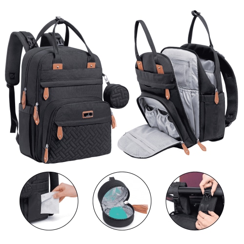 BabbleRoo Diaper Bag Backpack, Large 26L, Waterproof, Black, Changing Pad, Stroller Straps