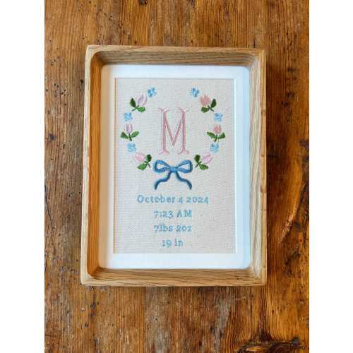 Embroidered Floral Bow Birth Announcement – Personalized Nursery Art with Baby’s Details, Custom Nursery Decor, Birth Announcement Keepsake