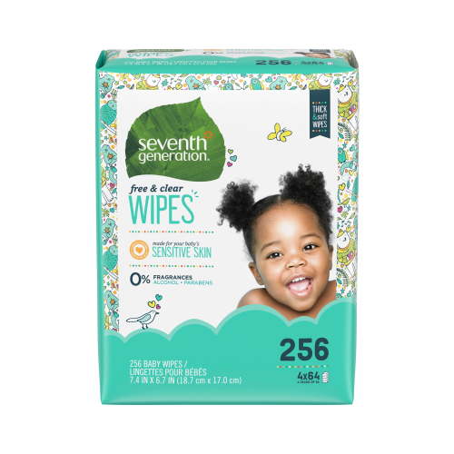 Seventh Generation Sensitive Protection Baby Wipes, Unscented, Aloe, Gentle for Hands, 256 Count Refill with Tape Seal