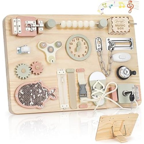 Joyreal Montessori Large Busy Board with Stand, Montessori Sensory Toys for Fine Motor Skills, Wooden Fidget Activity Board for Toddlers, Gifts for Boys Girls (Large Neutral)