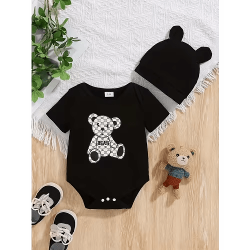black onesie set teddy bear graphic cute short - Temu
