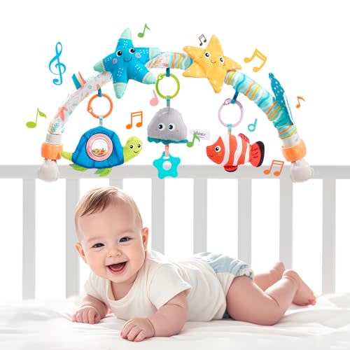 Jollybaby Musical Bassinet Stroller Crib Mobile Toy for Baby 0-6-12 Months, Infant Clip On Arch Hanging Toy with Music, Montessori Sensory Nursery Mobiles Attachment Toy for Newborn Gift - Starfish