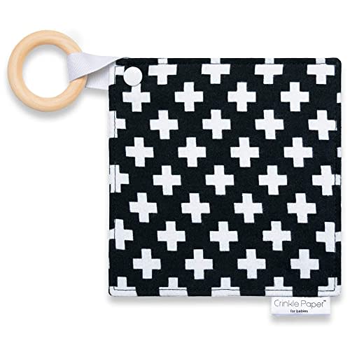 HYAKDesigns Baby Crinkle Paper Toy – Eco-Friendly Cotton Sensory Teether with Beech Wood Ring – BPA-Free, Montessori Infant Toy