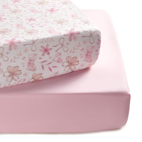 TILLYOU Baby Crib Sheets for Boys Girls, Super Soft Toddler Bed Sheets, 2 Pack Sheets for Standard Crib Mattress 28x52in, Pink Flower&Butterfly