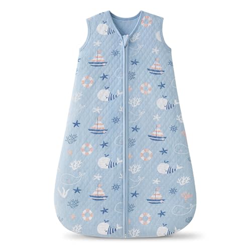 1.0 TOG Baby Sleep Sack 0-6 Months,Cotton Quilted Wearable Blanket Baby Boy Girl Sleeping Sack, 2-Way Zipper Sleeping bag for Newborn and Infant Blue Sea(Small)