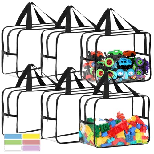 6 Packs Widen X-Large Toy Storage Bags 12.6×9.25×6.9In with Labels, Reusable Clear PVC Board Game Storage, Travel Waterproof Organizer Bags with Zipper for Building Blocks, Puzzle, Stuffed Animals
