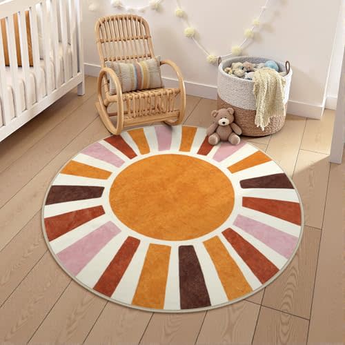 LIVEBOX Boho Nursery Rug Round 4ft Sun Rainbow Rug for Girls Bedroom, Soft Retro Colorful Circular Rugs for Kids Room, Non-Slip Circle Cute Washable Rugs for Living Room Classroom Play Room