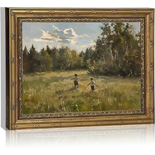 Canvas Wall Art Framed - Kids in Summer Field Landscape Painting, Vintage Gold Framed Picture Poster Prints Artwork for Home Wall Decor,12x16 Inch