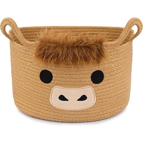 Oval Highland Cute Cow Basket for Nursery, Large Woven Gift Basket, Shelves Rope Cotton Storage Bins for Gifts Empty, Baby Shower Blanket with Handles,Towel Burr Decorative, 13"D x 8"H in