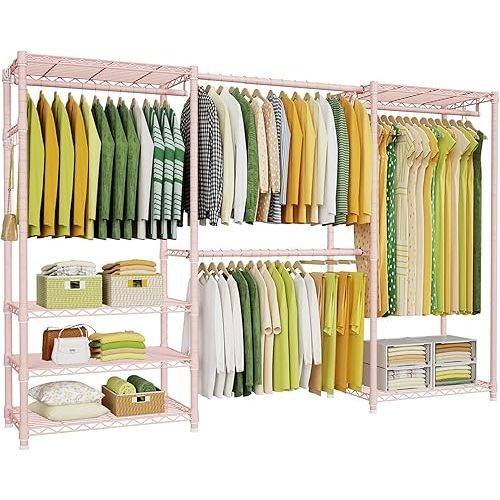Ulif E1 Heavy Duty Closet Garment Rack, 6 Tiers Adjustable Metal Freestanding Expandable Clothing Storage with 4 Hanger Rods, Easy to Assemble Wardrobe, 71.4" H x (70" - 88.2") L x 14" D, Pink