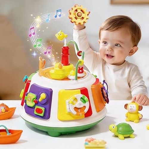 ROCKBIRDS 6-in-1 Montessori Activity Cube Toy, Busy Board for Toddlers 1-4, Educational Sensory Toys with Shape Sorter, Gears & Steering Wheel, Portable Travel Learning Toy, Gift for Baby Boys Girls