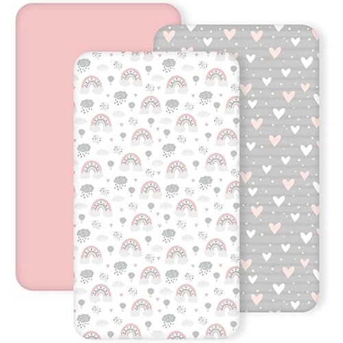 3 Pack Crib Sheets for Girls – Fitted Crib Sheets for Standard Crib Mattress and Toddler Mattress, Ultra Soft Breathable Washable Polyester, 28x52inch, Pink & Grey Heart