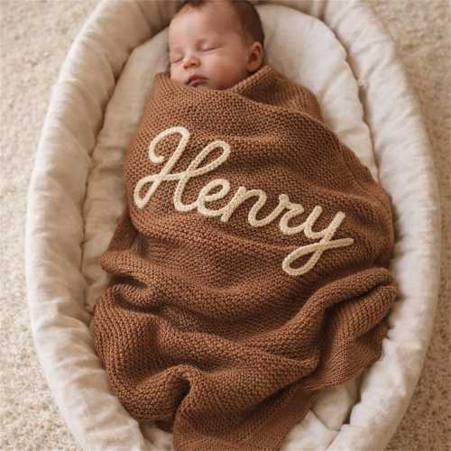 Custom Embroidered Baby Name Blanket Personalized Organic Cotton Knit Baby Blanket Baby Blanket