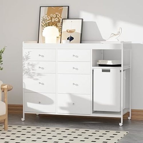 47.2" Nursery Dresser with 8 Drawers and Changing Table Top Baby Changing Station Dresser with 1 Open Shelf and 1 Laundry Hamper Diaper Changing Station Mobile Nursery Organizer,White