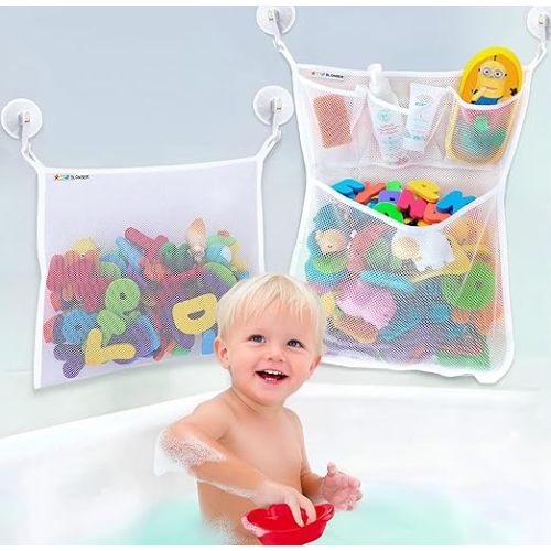 Bath Toy Net 18x16 Inch Kids Bath Tub Toy Holder, Corner Mesh Bag, Baby Bathtub Storage Organizer, Large Bathroom Bucket Bin, Toddler Shower Caddy Hanging Basket, 2 Suction Cups 2 Adhesive Wall Hooks