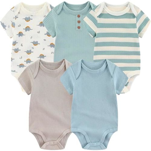 MAMIMAKA Newborn Baby Short Sleeve Bodysuit Cotton One-Piece Baby Clothes 5-Pack, 0-12 Months