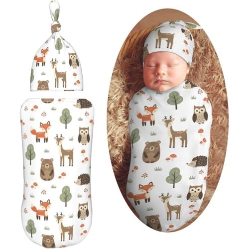 Cute Animals Fox Bear Deer Newborn Swaddle Blankets Hat Sets Soft Baby Receiving Blanket Swaddle Sack for Baby Shower Infant Boy Girl Gift