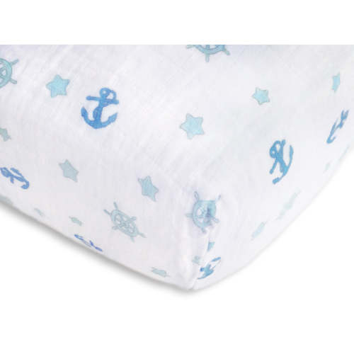 Muslin Fitted Crib Sheet - Ahoy! Nautical, Pastel Blue & Blue